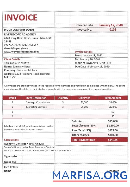 Realistic Blank Advertising Agency Invoice Template